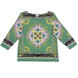 Charter Club Women's Green Medallion Print Boat Neck 3/4 Sleeve Top XL‎